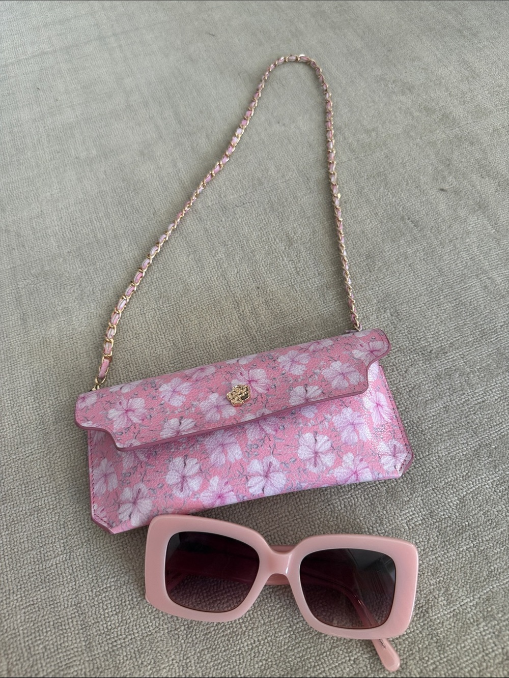 LoveShackFancy Pink Floral Chain Shoulder Bag and matching Sunglasses set